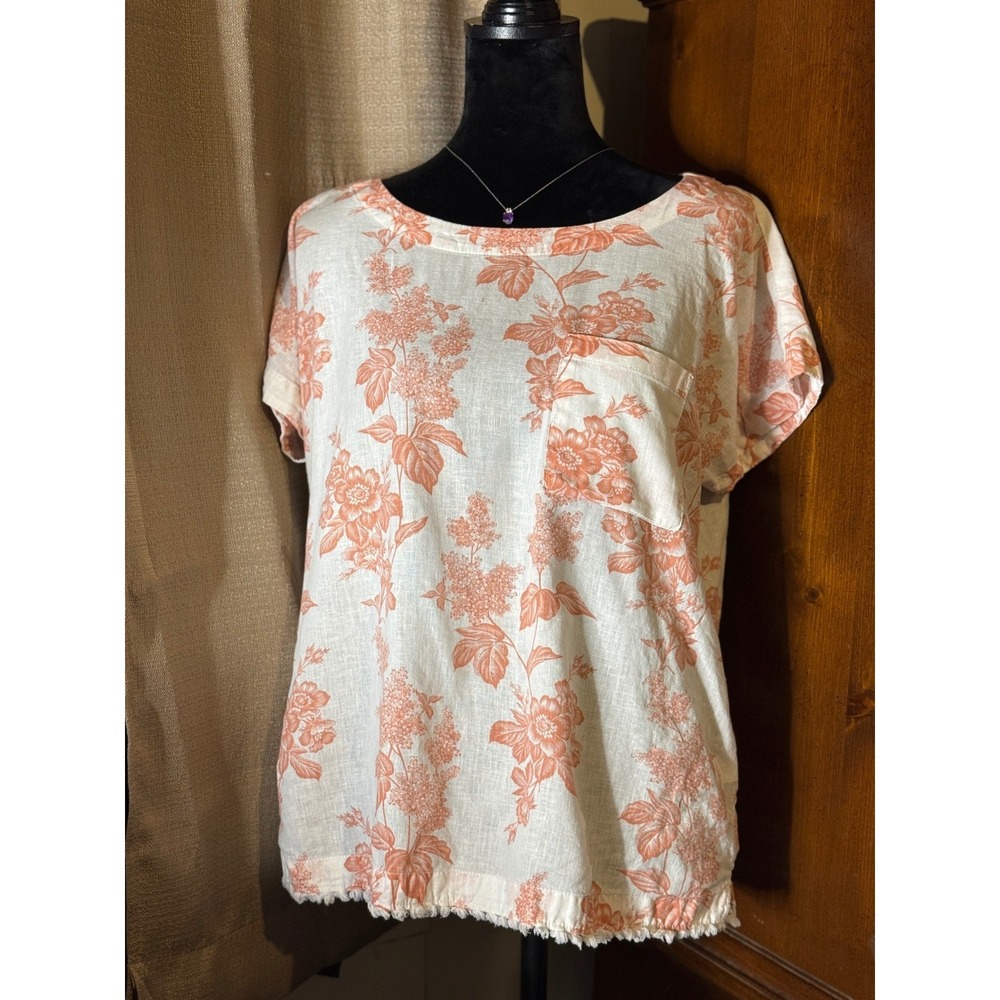 Liz Claiborne Floral Linen Blend Top M Peach White Short Sleeve Fringe Hem